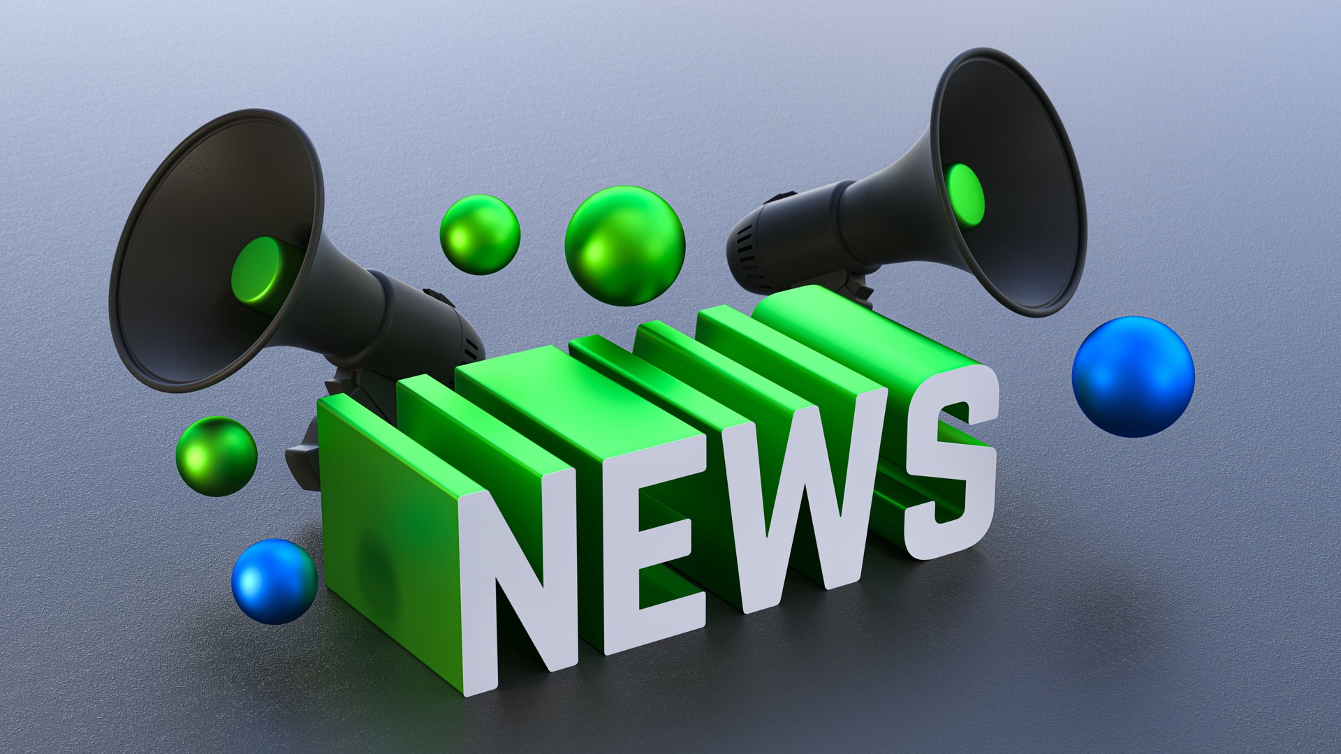 3D 'New' Text with Two Megaphones Representing Communication and Announcement Concept. 3D Rendering.